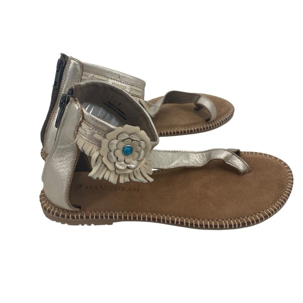 Manitobah Mukluks Size 7 Gold Wasaga Sandal Leather Beaded Ankle Strap ZOGG546